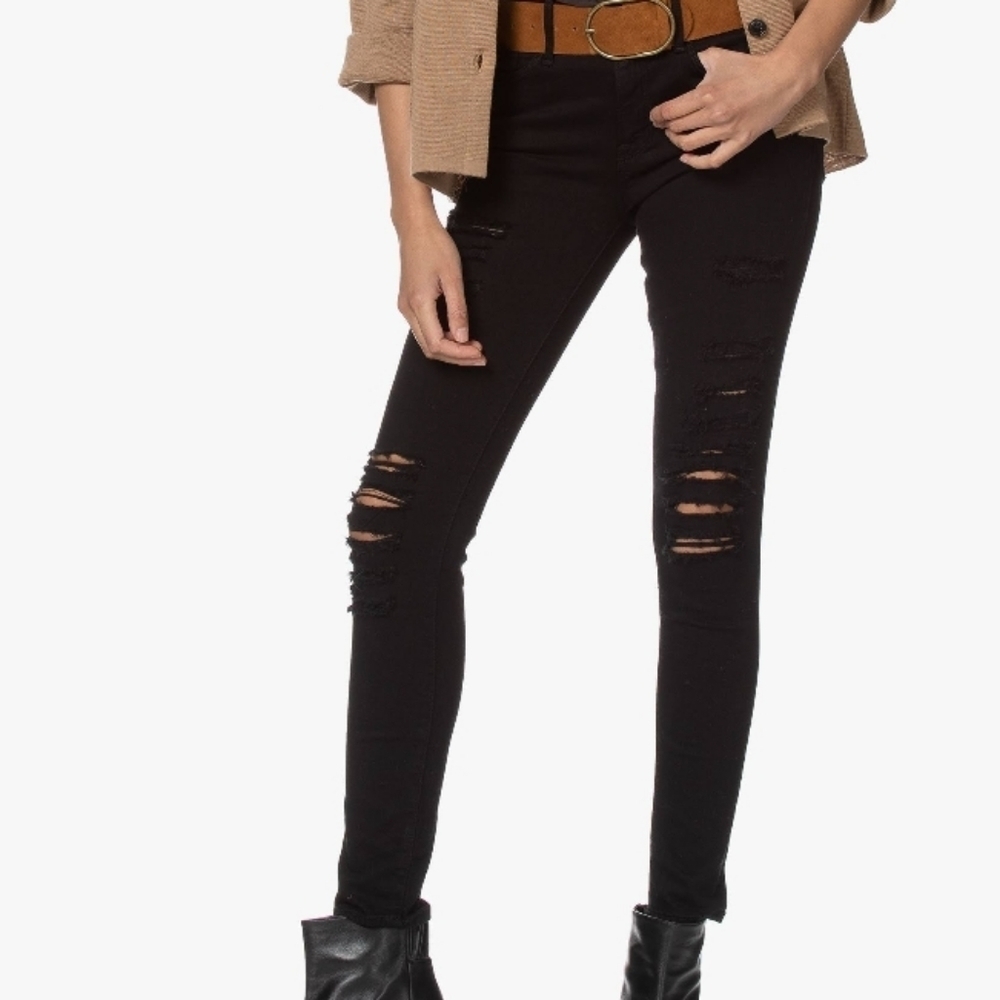 Frame Denim Black Le Skinny de Jeanne Distressed Jeans